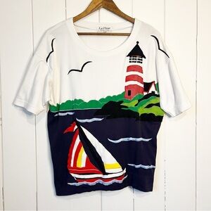 Vintage La Fleur By Regent Shop Applique Light House Scene T-Shirt.